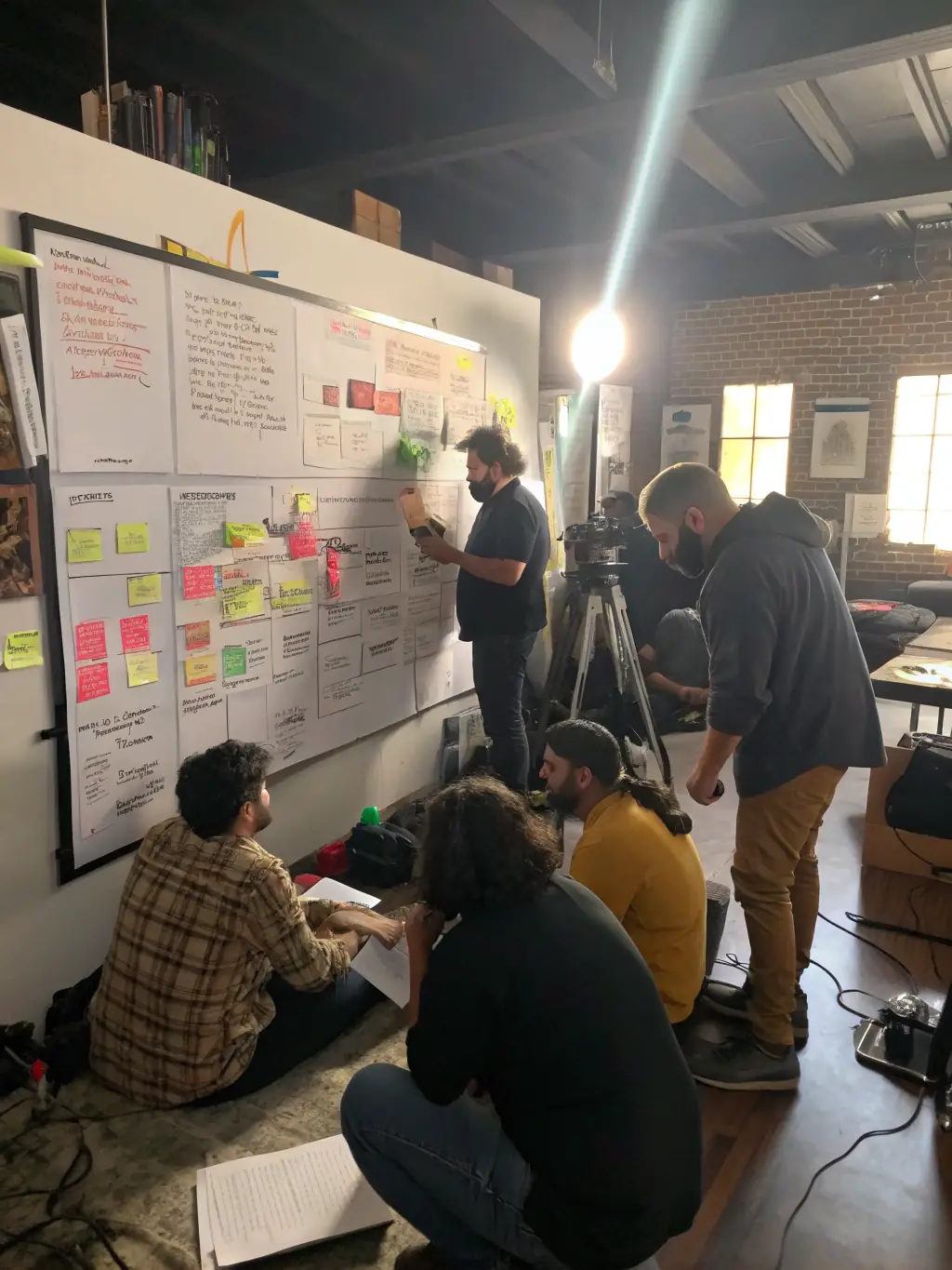 A collaborative image of filmmakers brainstorming ideas, representing Clever Films Media's collaborative approach to film production.