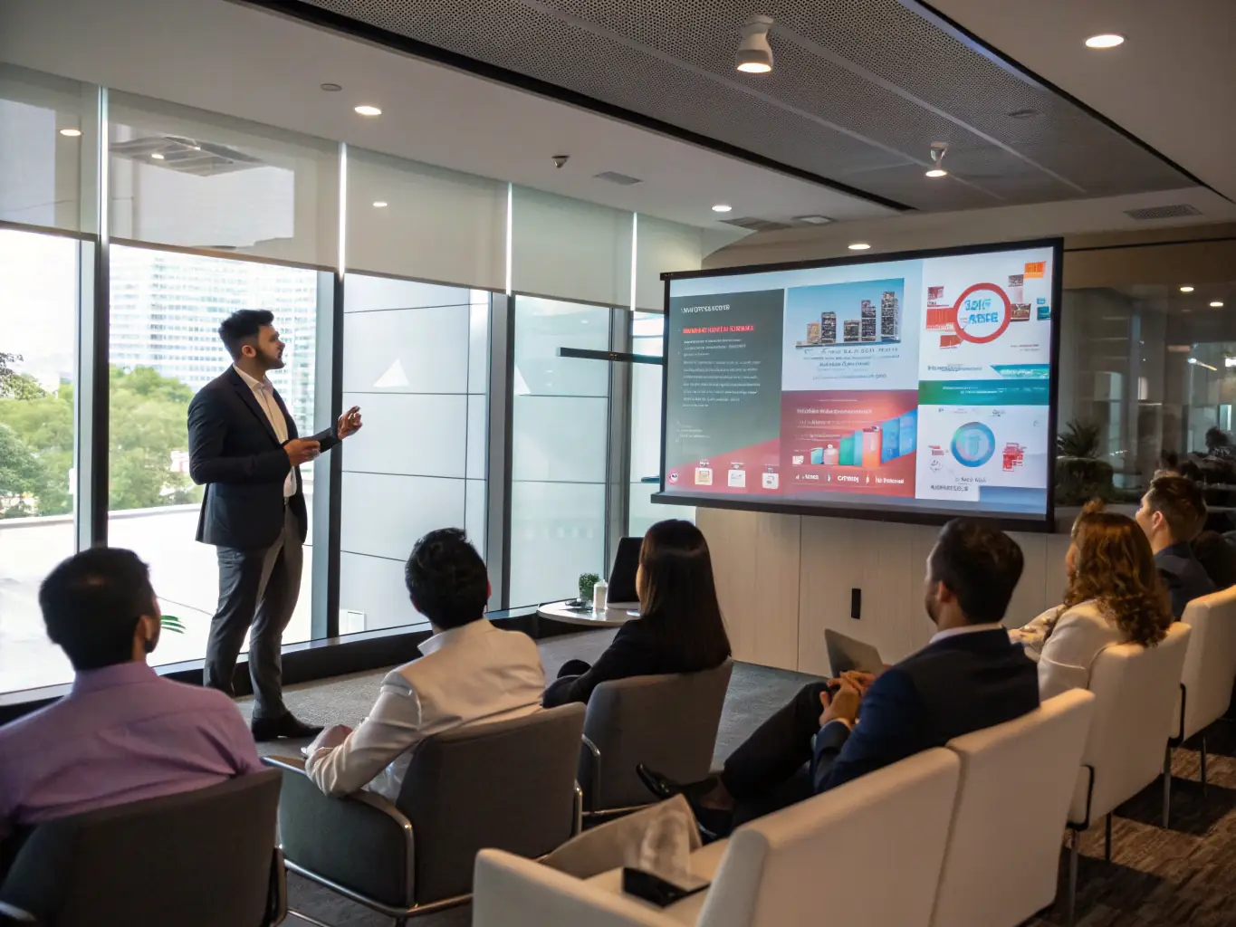 A dynamic film pitch deck presentation being delivered to a panel of film producers in a modern conference room, showcasing the visual and narrative elements of a film project.