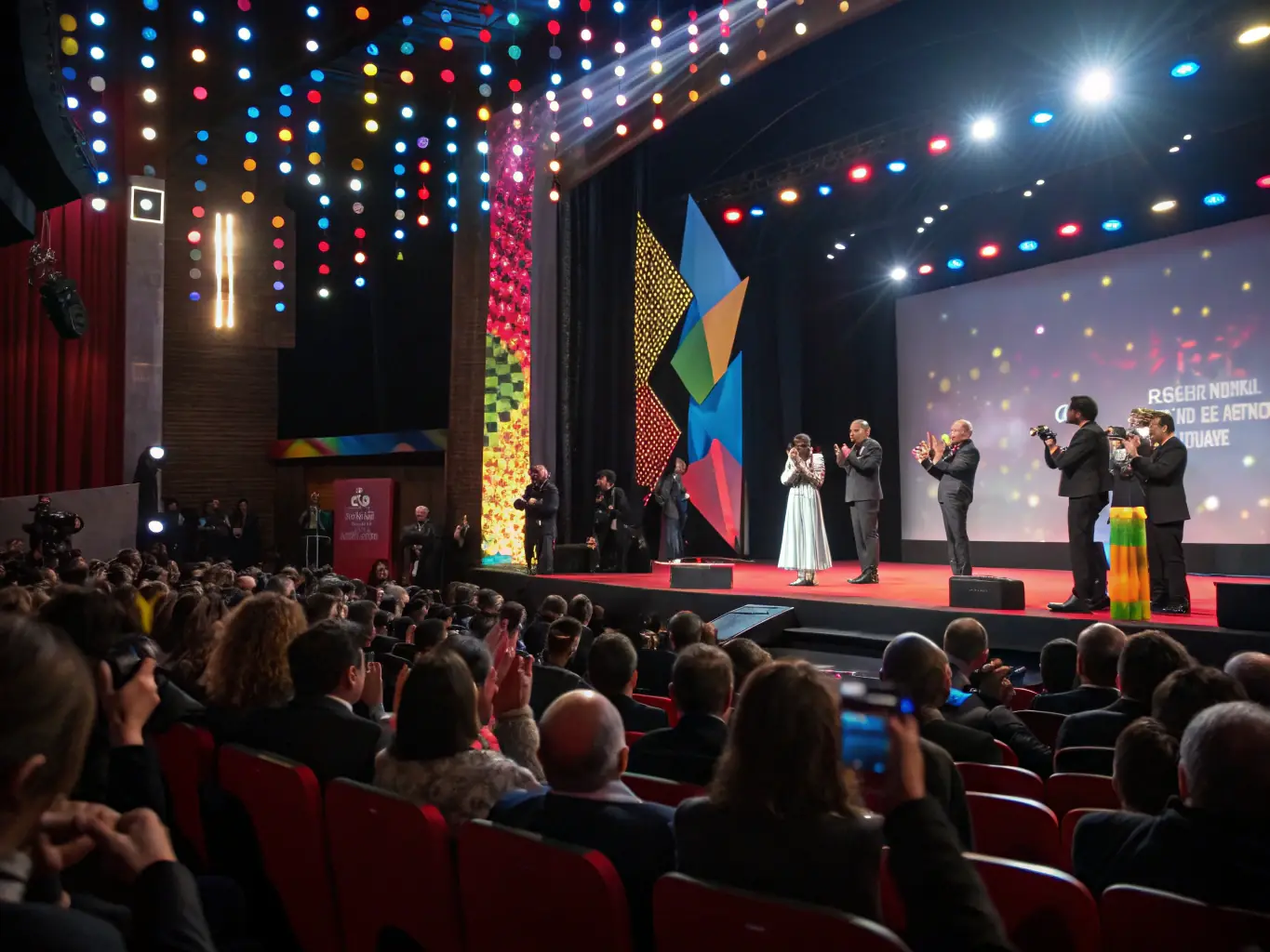 A filmmaker celebrating at a film festival, holding an award and surrounded by fellow filmmakers and industry professionals, symbolizing the culmination of hard work and dedication.