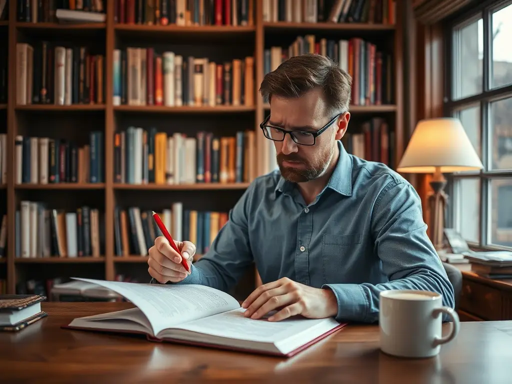 A literary scout meticulously reviewing a manuscript in a sunlit office, surrounded by stacks of books and screenplays, representing the initial stage of identifying promising stories for film adaptation.
